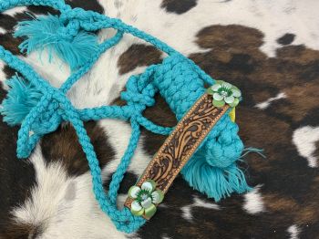 Showman Woven teal nylon mule tape halter with hand painted 3D flower accent on the noseband #2